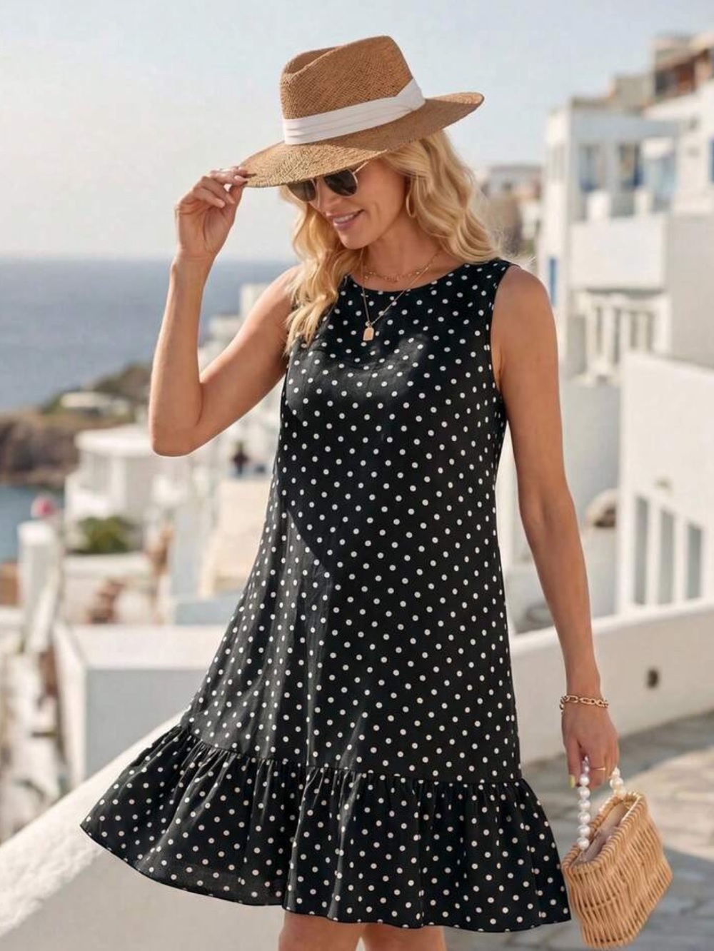Boho polka dots ruffle hem dress